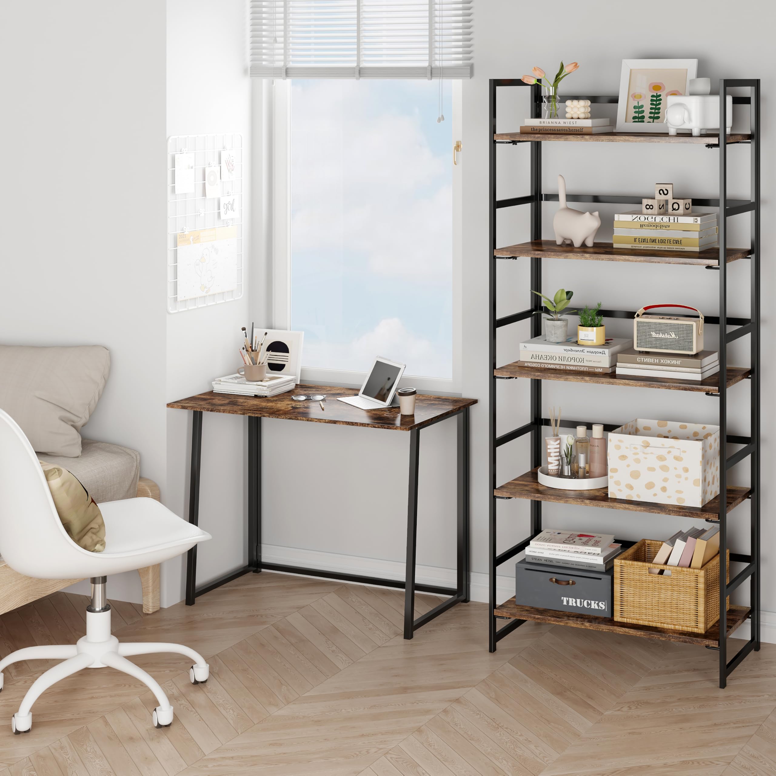 BHG Libreria Pieghevole Multifunzionale Vintage – Senza Montaggio, 4 Ripiani, Per Casa E Ufficio (Colore Fuoco) - 5