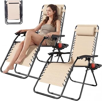 Adjustable Zero Gravity Chairs Set of 2 with Cup Holder & Removable Pillows, Outdoor Folding Reclining Patio Lounge Chairs for Poolside, Lawn, Beach, Camping Brown, Set of 2