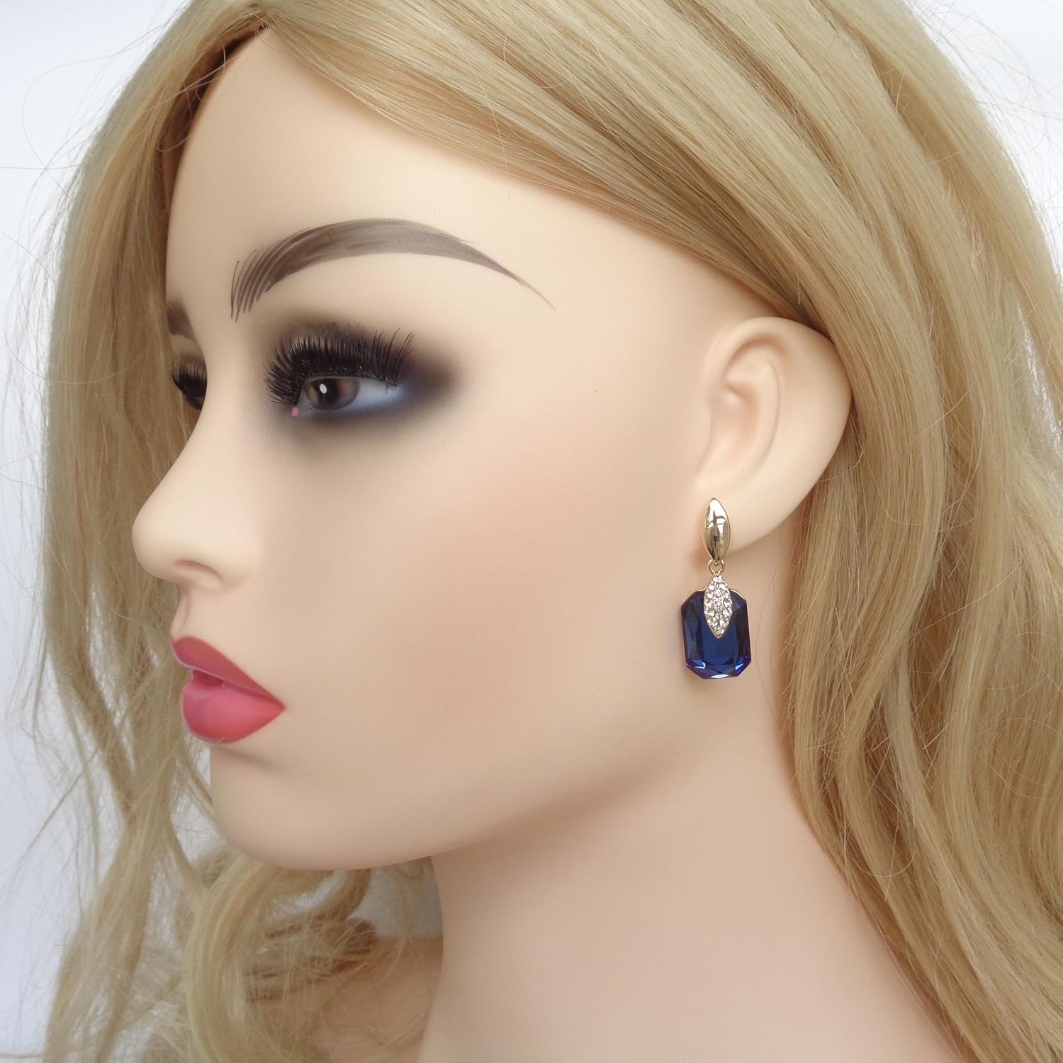 Navachi 18k Gold Plated Spindle Shape Metal White Crystal Square Zircon Dangle Stud Earrings - Image 5