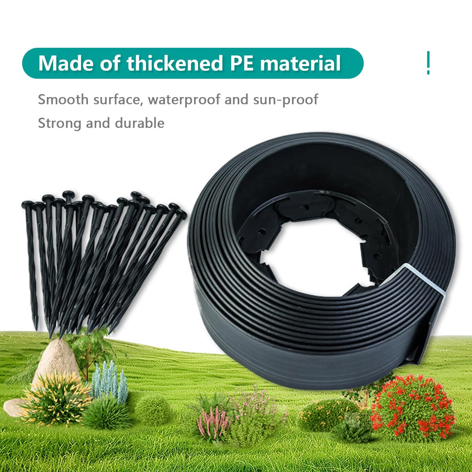 Bordure de jardin en plastique durable et résistant aux intempéries pour pelouse et allée, design flexible avec installation facile sans creusement, clous inclus, hauteur 10 cm