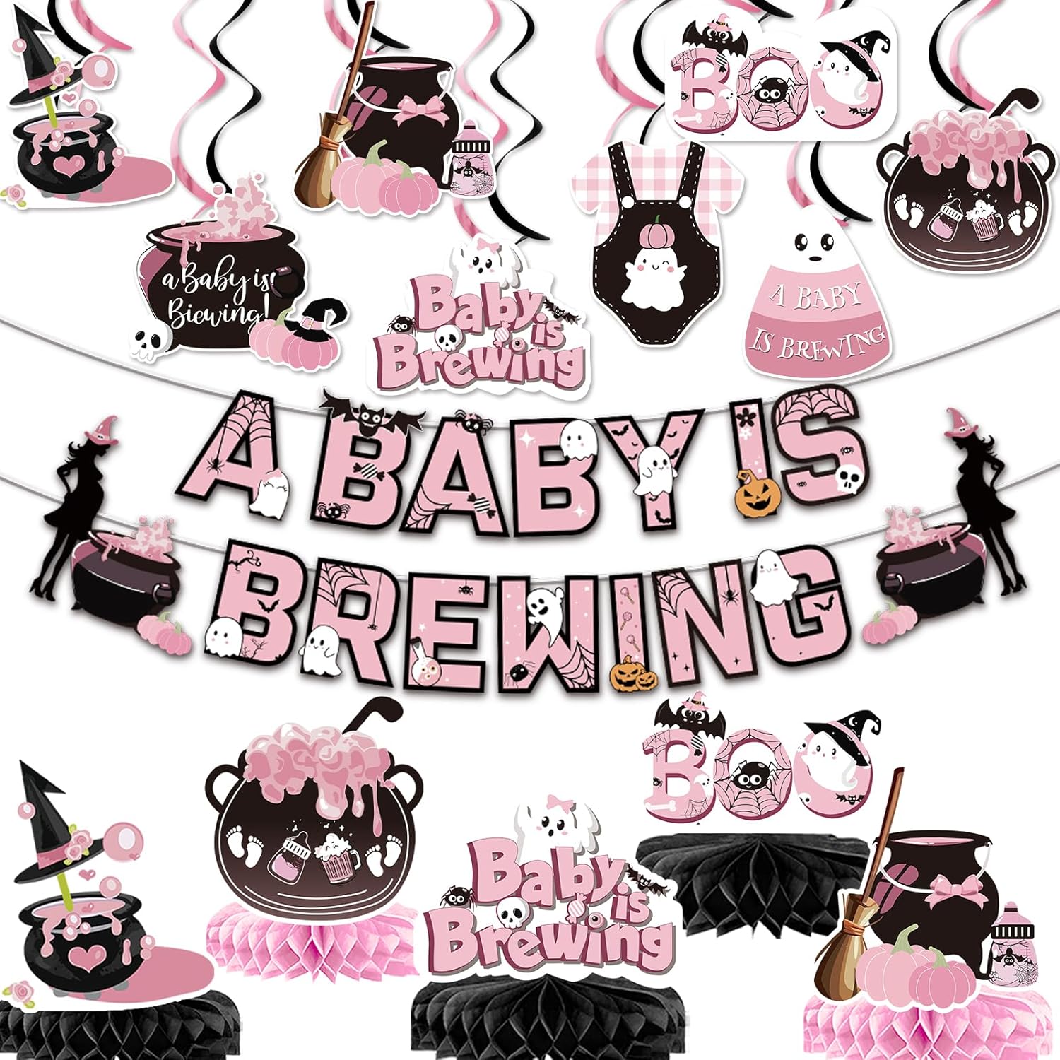 TTDQ A Baby Is Brewing Banner Halloween Baby Shower Decorations A Baby Is Brewing Decor Baby Is Brewing Decorations Pink Halloween Banner for Pink Baby Shower Halloween Party Decorations