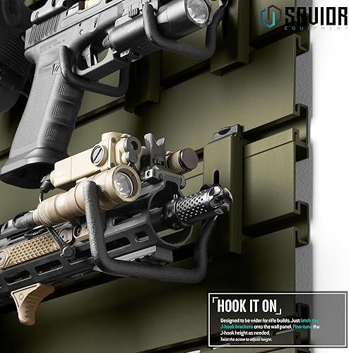 Miniatura 10 de Savior Equipment Sistema de estante de pared de acero resistente, ganchos tácticos en J para pistola de pistola, gancho de montaje en pared,