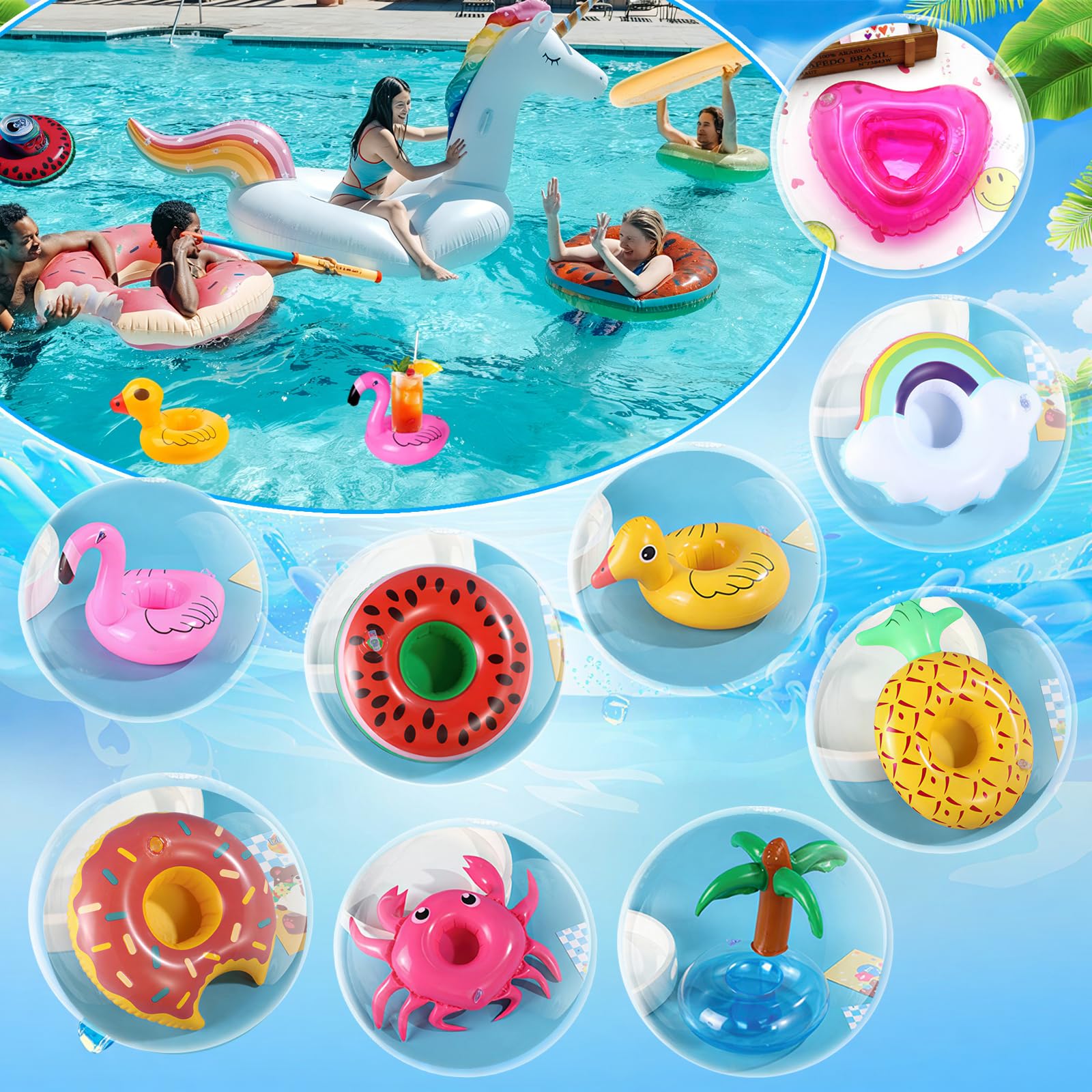 9 nadmuchiwanych uchwytów na napoje, flamingo, na basen, nadmuchiwane, pływające uchwyty na napoje, na lato, do hal, na plażę, na imprezę hawajską