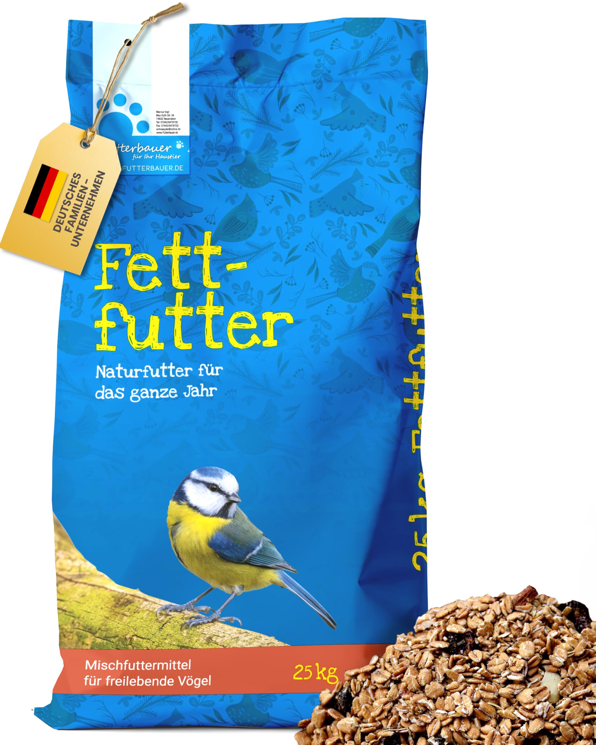 Futterbauer Fettfutter 25 kg, Energiereiches Ergänzungsfutter für Wildvögel, Unterstützt Wärmehaushalt, Ideal für Weichfresser