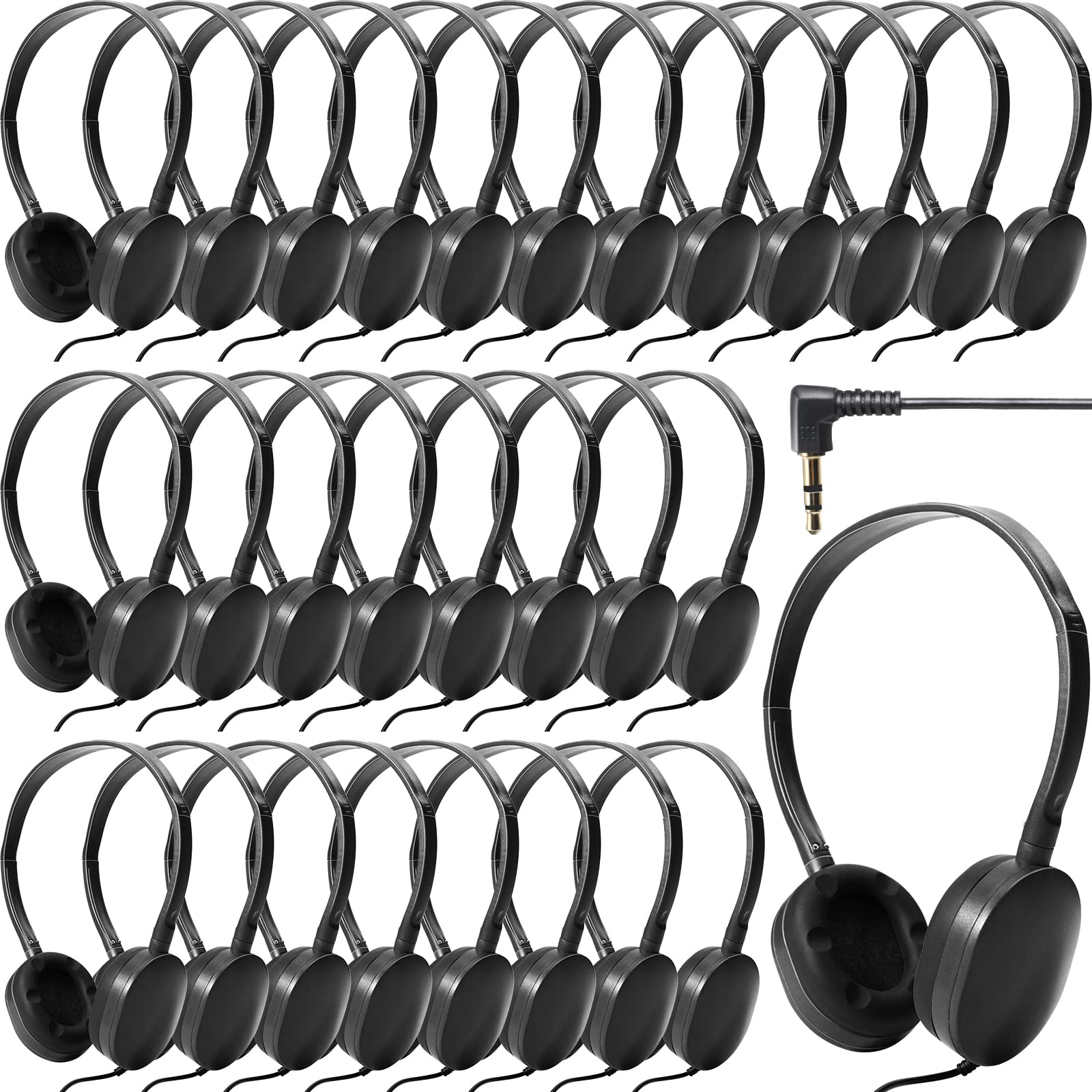 Flutesan 30 Pack Wired Headphones, Adjustable On Ear Headphones with Stereo, Earbuds for Schools, Laptop, Travel, Plane, Tablet(Black)