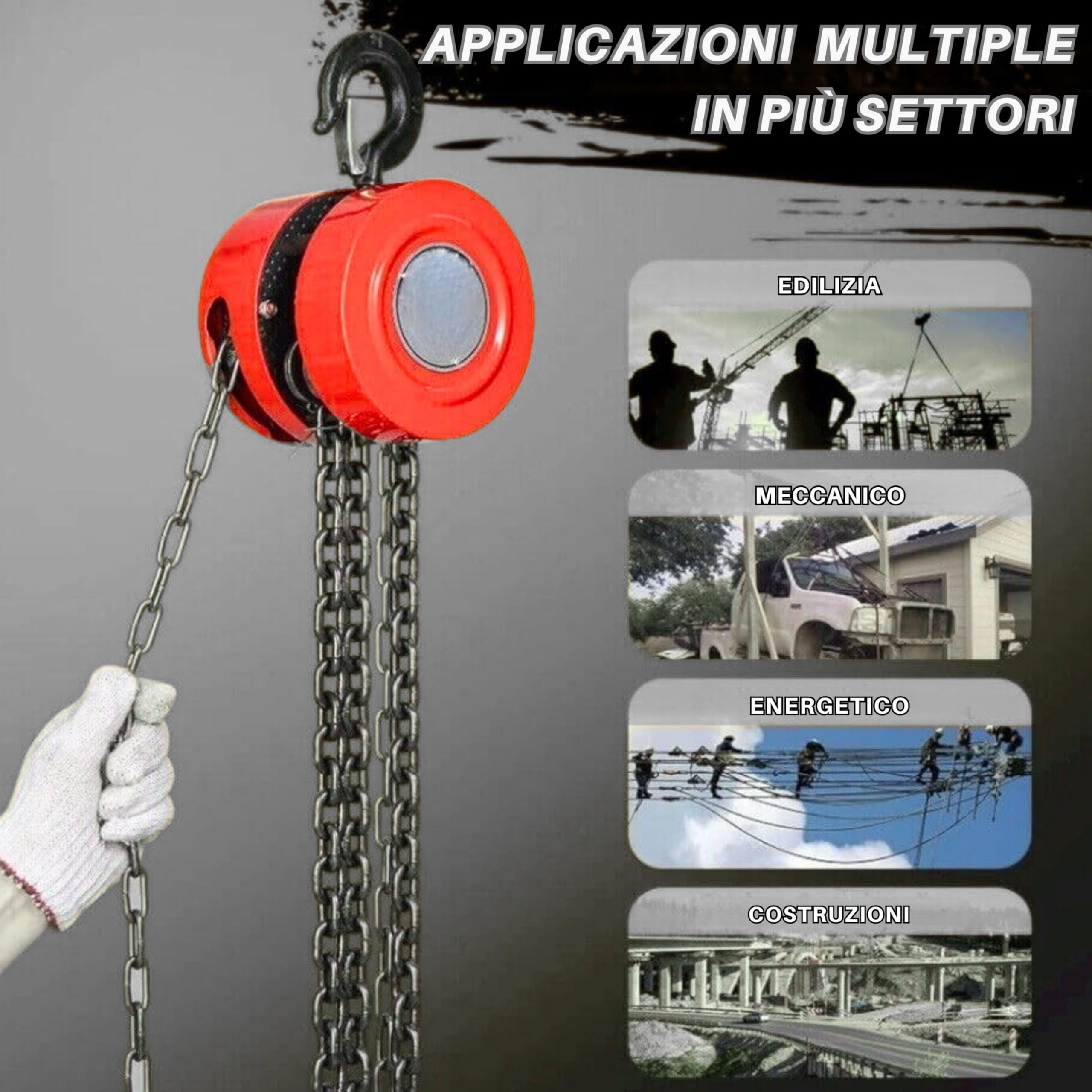 Yasta Paranco a Catena 1000kg (1 Ton) - Sollevatore Manuale 3m in Acciaio Legato - Montacarichi con Freno di Sicurezza e Ganci Girevoli 360° - Ideale per Officina, Motori e Cantiere
