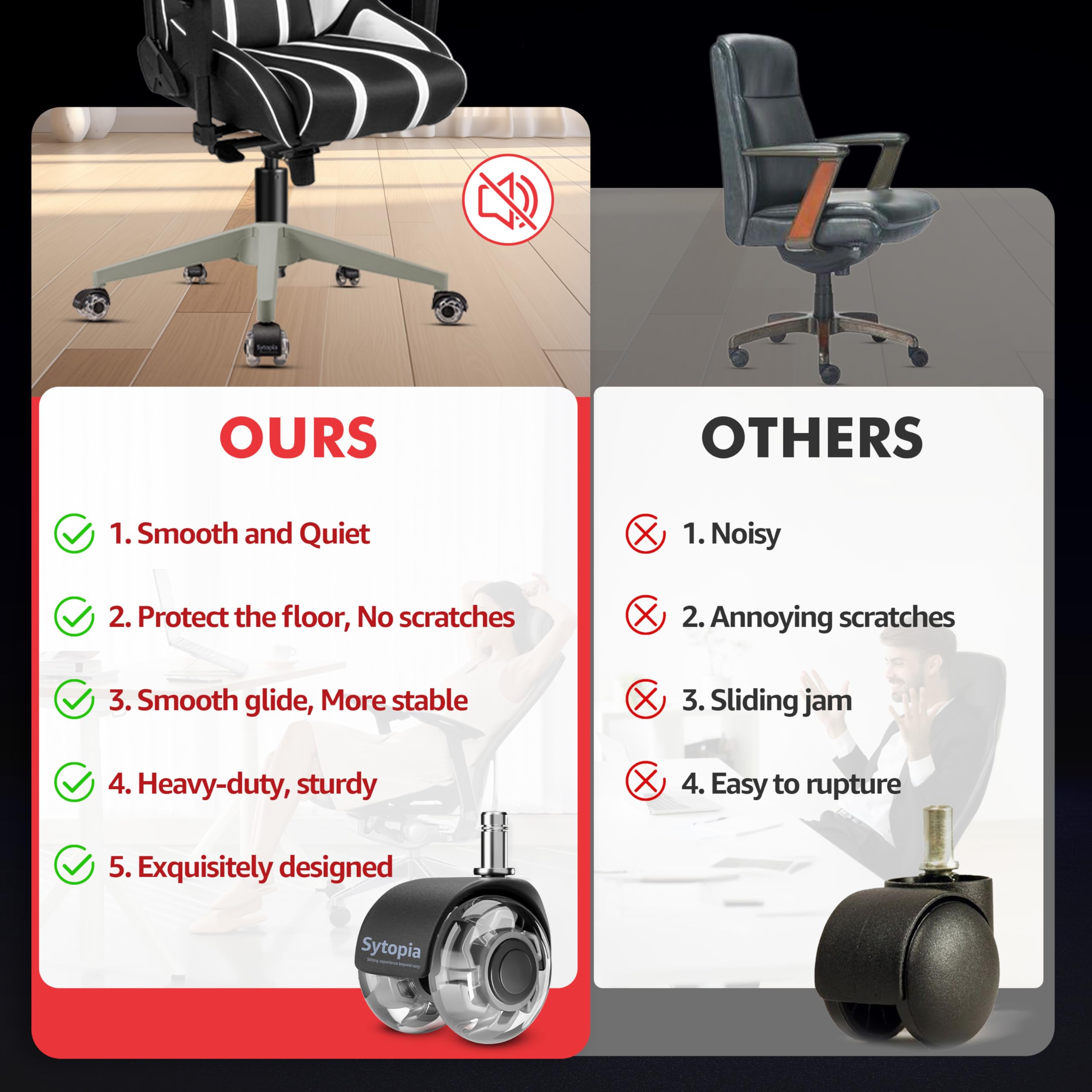 Sytopia Base di ricambio per sedia da ufficio da 71,1 cm, con ruote, set da 5, 1134 kg, resistente, ruote scorrevoli e silenziose, grigio
