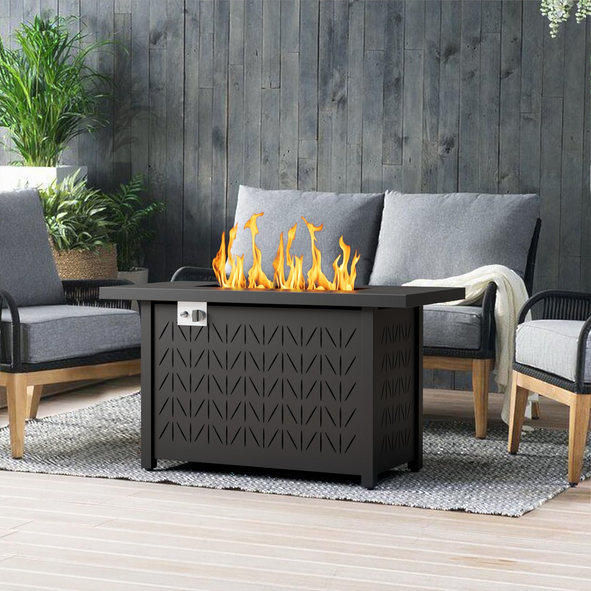 43 Inch Rectangular Propane Fire Pit Table for Outdoor Patio – 50,000 BTU Gas Firepit with Lid, Cover & Lava Rocks – Metal Fire Table with Hidden Tank Storage (Black, 43" Rectangular)