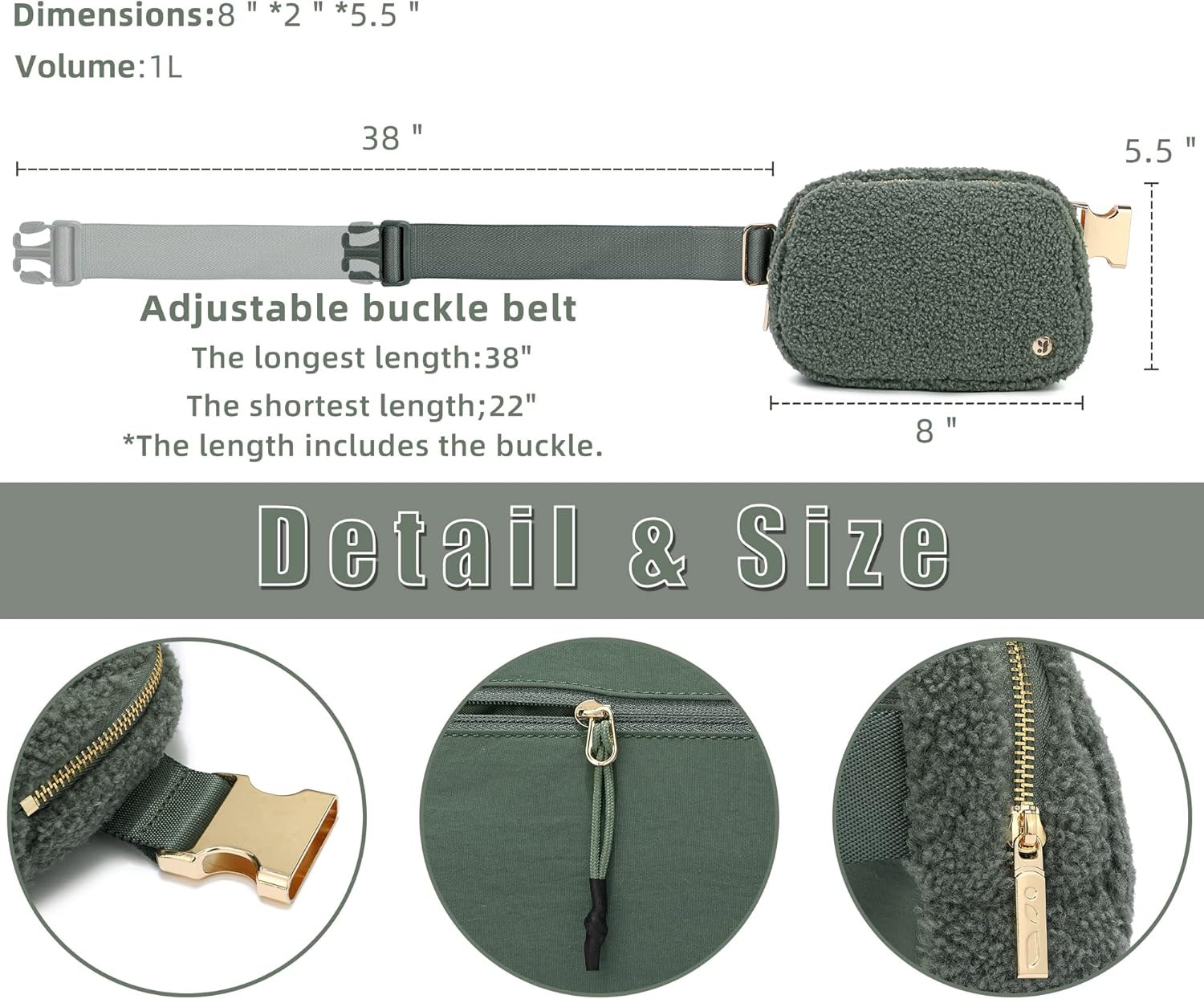 FODOKO Sherpa Belt Bag, Fleece Crossbody Bag Fanny Pack for Women Fashionable Everywhere Waist Bum Bag Pack with Hardware Buckle (Green) - Image 3