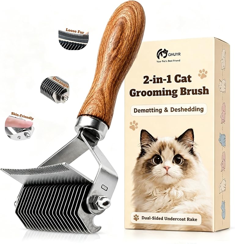 Cat Brush for Long Haired Cats, 2-in-1 Dematting Comb & Deshedding Brush for Cats, Dual-Sided Undercoat Rake for Matted Fur, Tangles, Shedding and Loose Hair