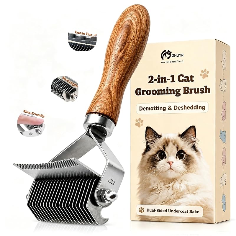 Escova para Gatos de Pelo Longo 2 em 1 para Desembaraçar e Remover Subpelo GHUYR, Marrom