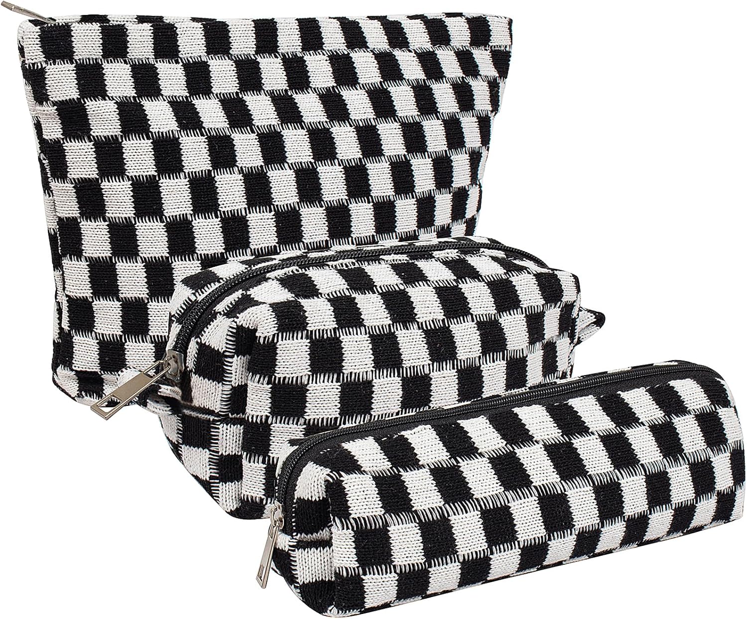 KOTORA 3 Pieces Makeup Bag Large Small Checkered Cosmetic Bag Capacity Canvas Travel Toiletry Bag Organizer Cute Makeup Brushes Aesthetic Accessories Storage Bag for Women (Black)