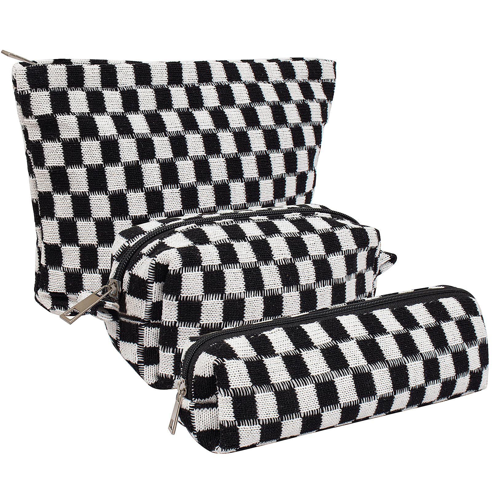 KOTORA 3 Pieces Makeup Bag Large Small Checkered Cosmetic Bag Capacity Canvas Travel Toiletry Bag Organizer Cute Makeup Brushes Aesthetic Accessories