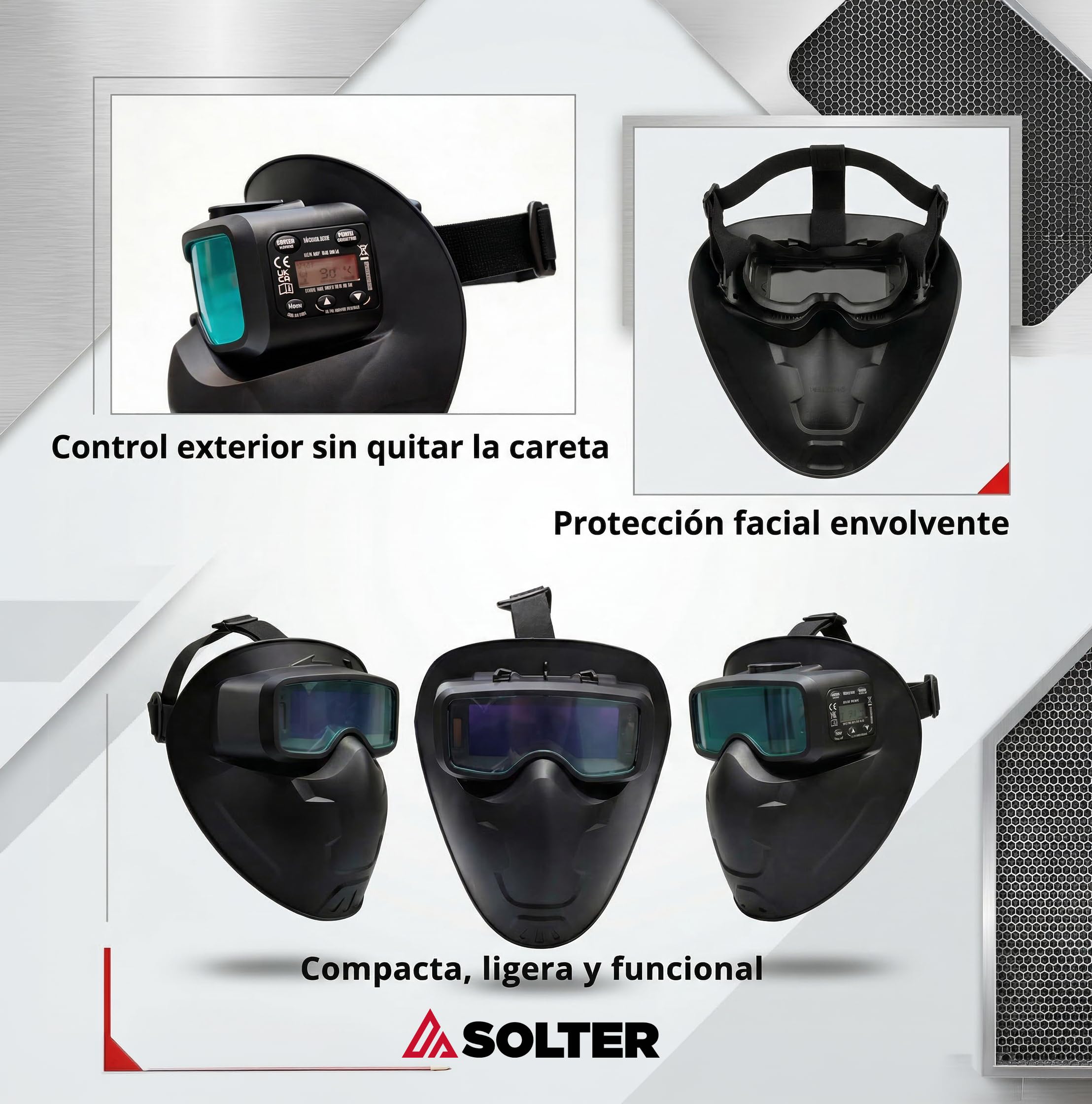 Maschera per saldatura elettronica Solter S-Mask 15 | Visore ampio 111x39 mm | Oscuramento automatico DIN 5-13 | Leggero, compatto e compatibile con piccoli occhiali