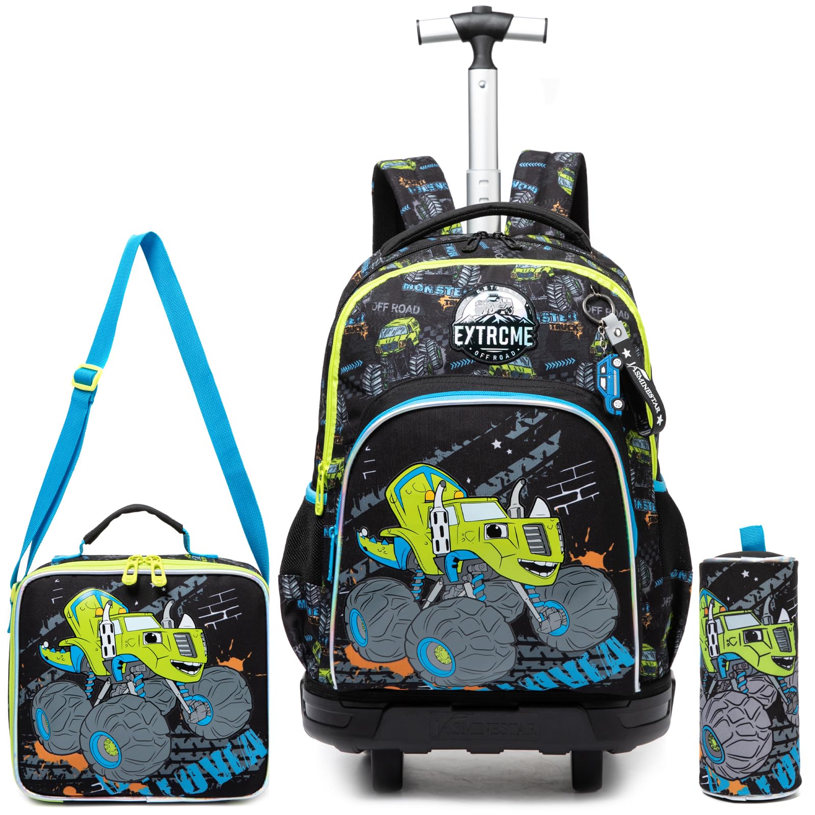 Kinder Rucksack mit Rollen für Jungen die Schule Faltbar Dünenbuggy Koffer Schultrolley Komplett mit Lunchbag Federmäppchen Set Geeignet Grundschüler Jugendliche 5-12 Jahre Alt Blau