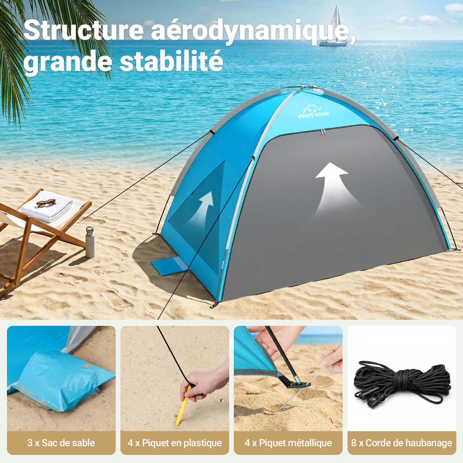 Wolfwise Tente de Plage UPF 50+ pour Famille, Abri Solaire Anti-UV avec 3 Fenêtres Ventilées, Plancher Extensible et Sac de Transport, Capacité 4 Personnes, Bleu