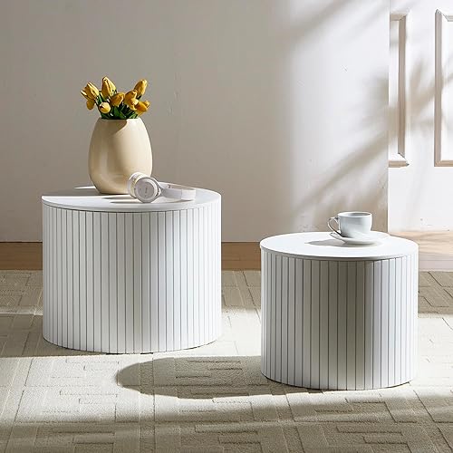 Miniatura 100 de kevinplus Juego de 2 mesas auxiliares pequeñas blancas para sala de estar, mesa auxiliar redonda de madera para dormitorio, oficina, sin montaje