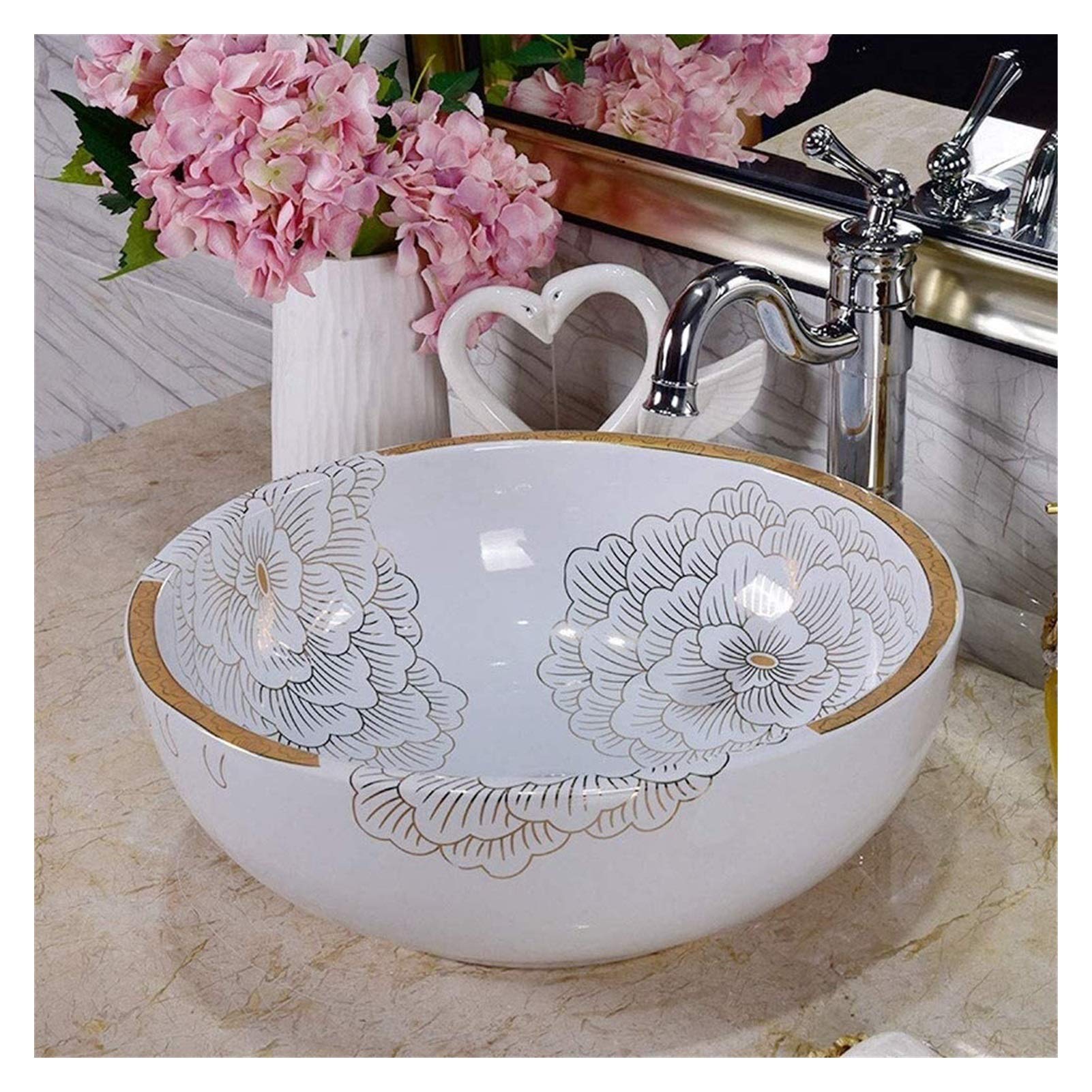 Gljtuo White Vessel Sinks, Bathroom Vessel Sink Luxury Hotel Art Sink 12 Inch Round Porcelain Ceramic Bathroom Vessel Sink Above Counter Wash Basin