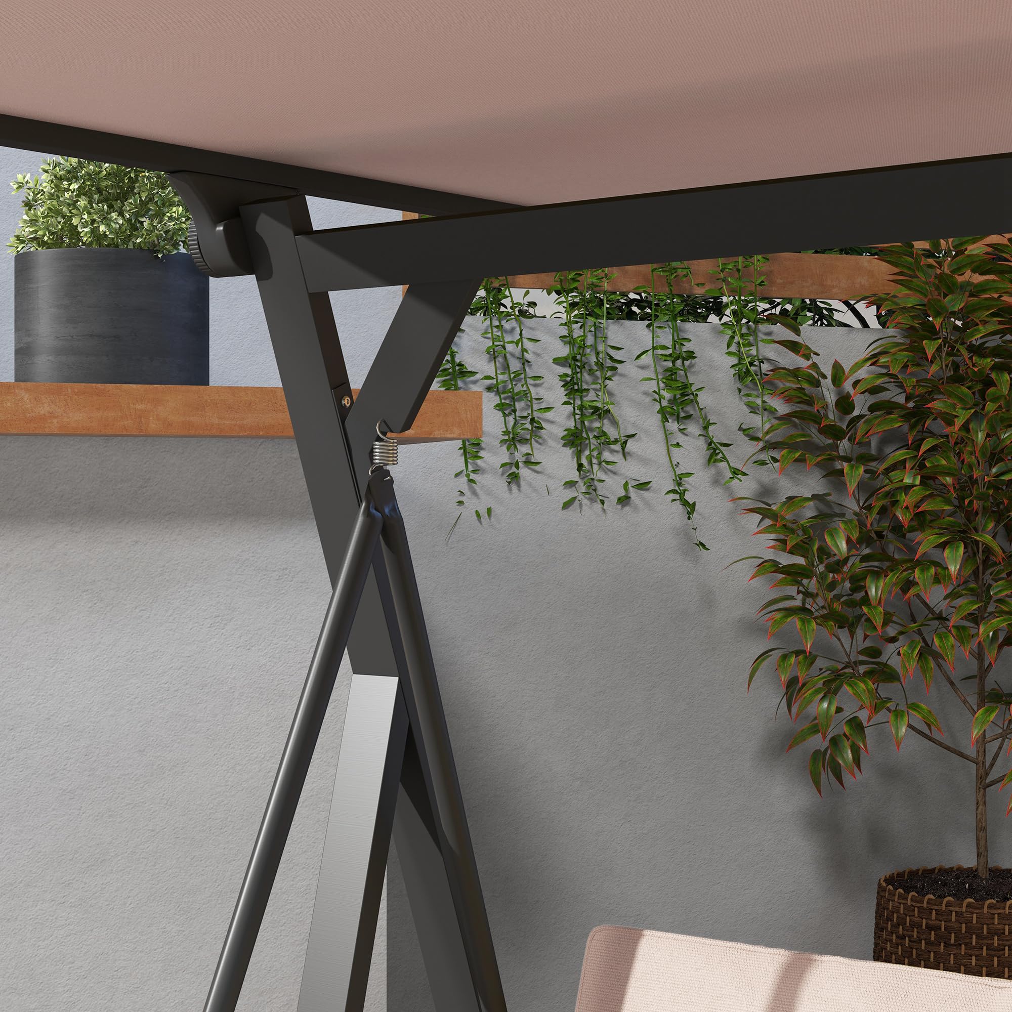 Outsunny Hollywoodschaukel 3-Sitzer Schaukelbank mit Kissen, Gartenschaukel mit regulierbarem Dach, bis zu 300 kg Tragfähigkeit, 205 x 130 x 175 cm, Khaki
