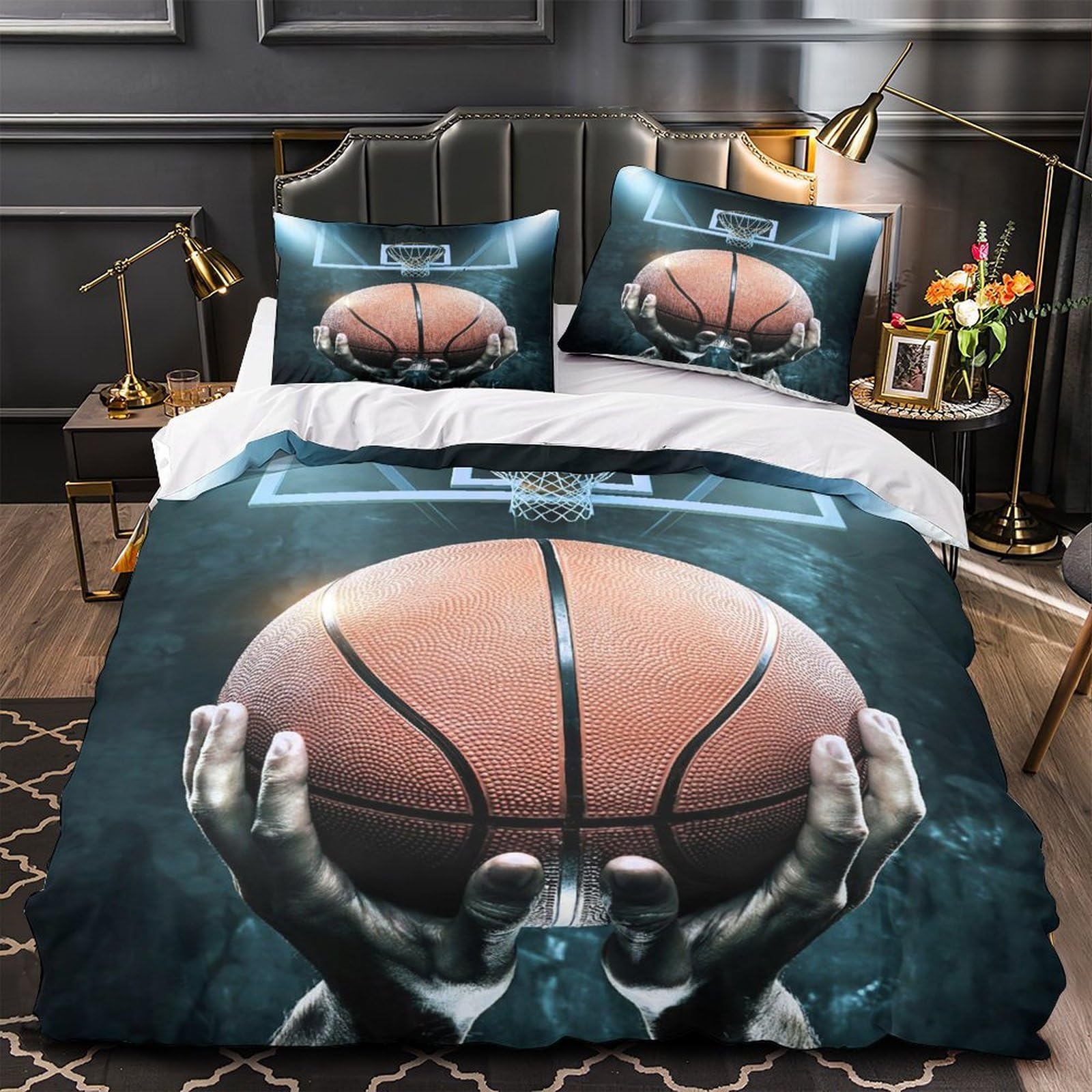 Housse de couette basketball 220x240 cm avec 2 taies d'oreiller pour lit king size