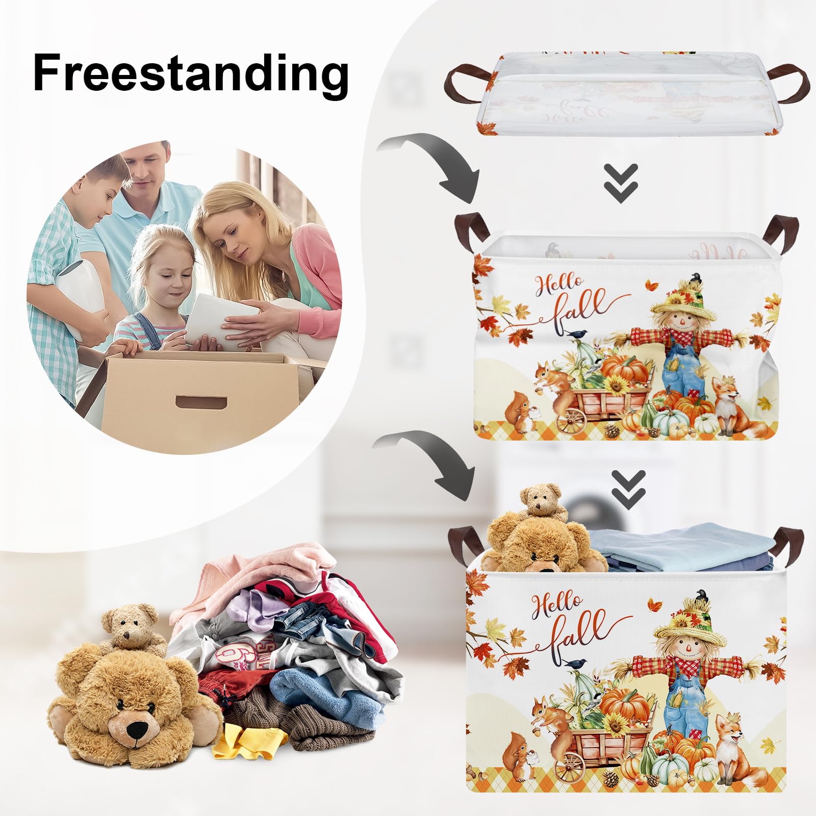 HUUMONSS Happy Thanksgiving Baby Storage Basket Pumpkin Maple Leaf Collapsible Clothes Kids Laundry Hamper Large Boys Girls Gift Toy Box Bin for Nursery Room,Scarecrow,40 * 30 * 30 cm - Image 3