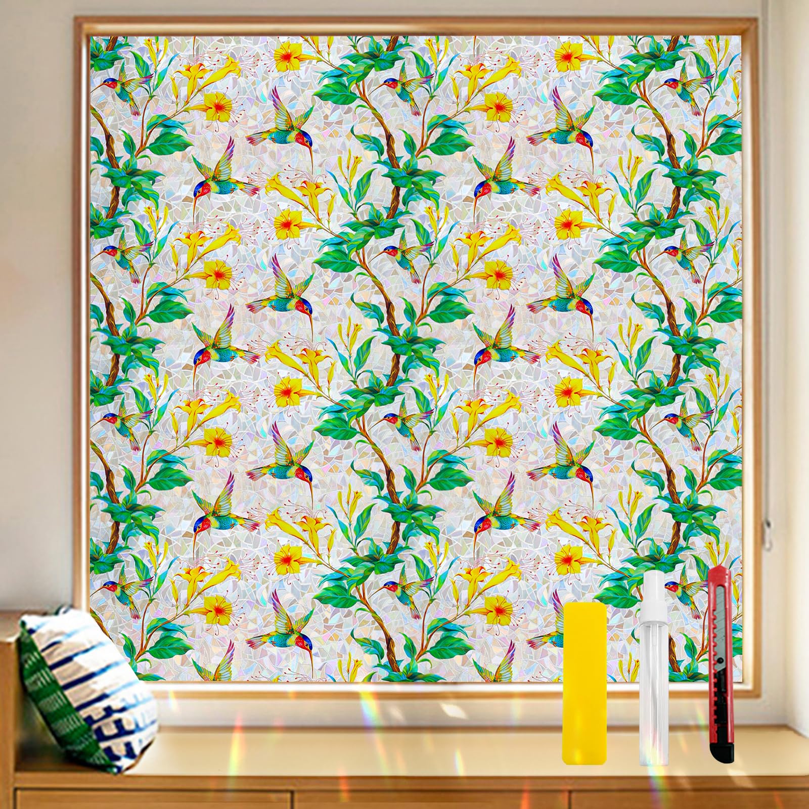 COUNTEWOL Bunte Sichtschutzfolie mit Vogel- und Blumenmuster, Buntglas-Fensterfolie, Regenbogen-Fensterfolie, nicht klebend, wiederverwendbar, dekorativ für Zimmer, Kolibriblüte, 44,5 x 499,8 cm