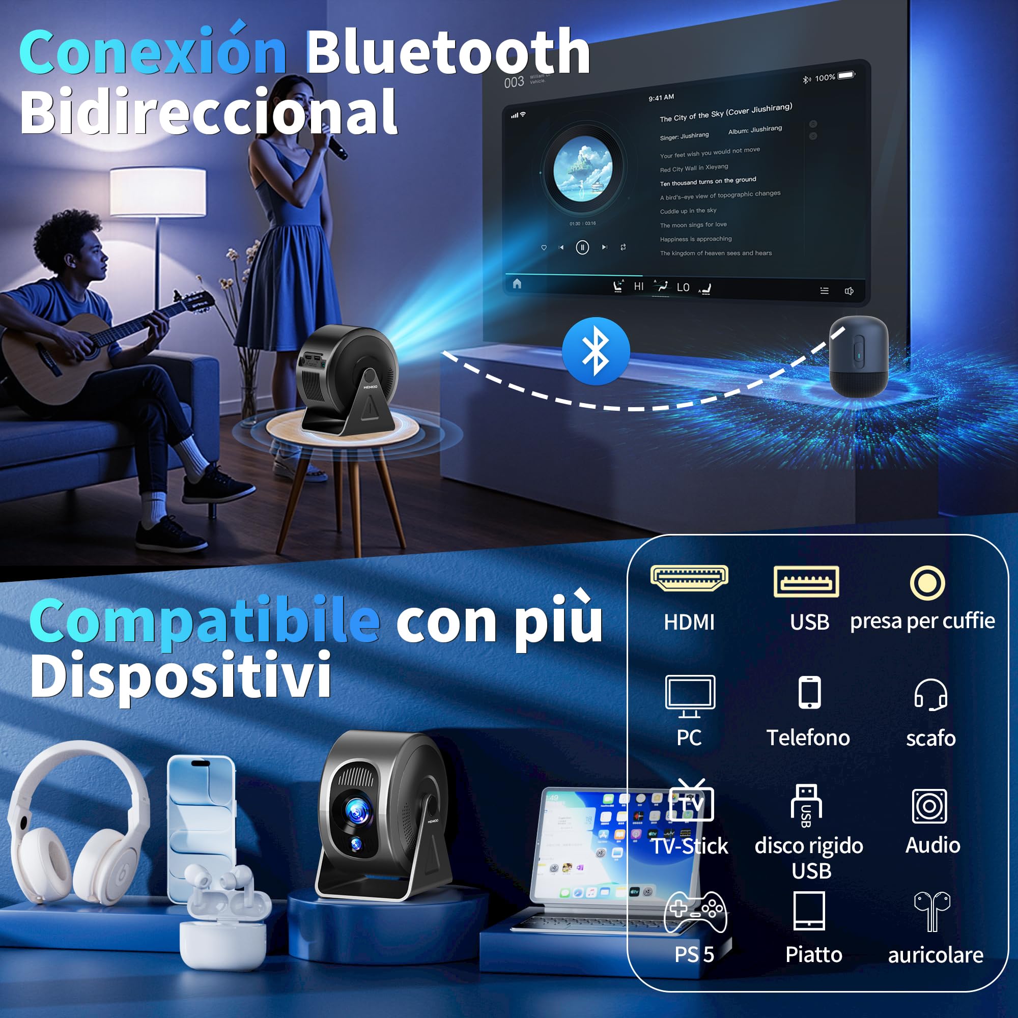 Mini Projector [Integrated Apps & 2026 Upgraded] Supporto 4K 1080P, Portable Projector Auto Focus/Keystone avec WiFi 6 et Bluetooth 5.4 Correction 360°Rotation, Mini Proiettore Home Theater - Grigio