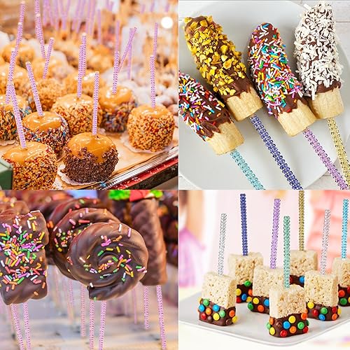 Miniatura 6 de 32 palitos de bambú de manzana, brochetas puntiagudas de madera de manzana caramelo con diamantes de imitación, envoltura de malla de diamante,