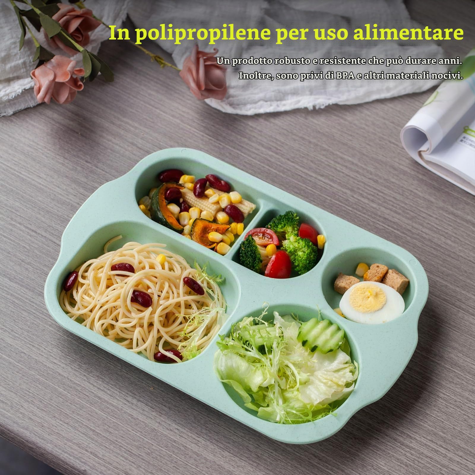 Vassoio Piatti Divisi 4 Scomparti Set 4 Pezzi, 30x21 cm | PP di Grado Alimentare senza BPA, Infrangibile e Lavastoviglie, Ideale per Campeggio e Uso Quotidiano