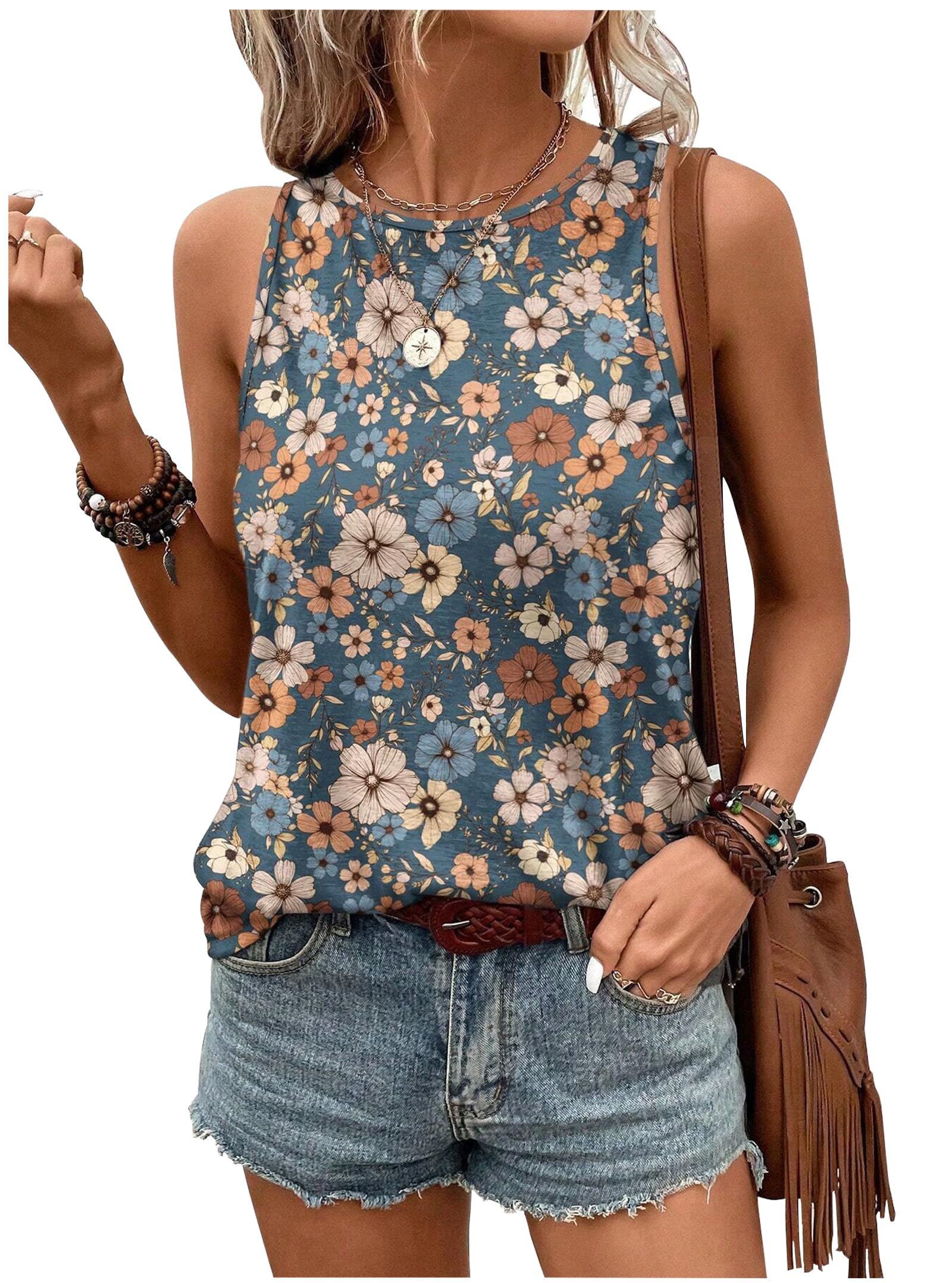 Womens Mandala Vintage Graphic Racerback Tank Tops Summer Casual Loose O-Neck Tanks Vest Vacation Classic-Fit Shirt Cami