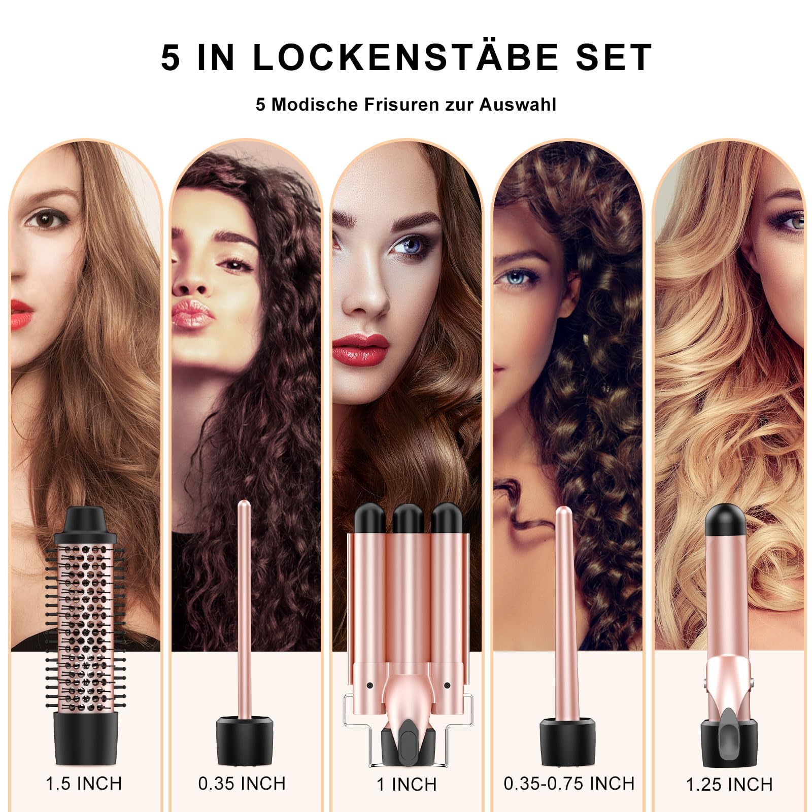 Lockenstäbe Set 5 in 1, MAX-T Lockenstab mit 3 Fässer und Multifunktion Thermal Brush, mit Verschiedenen Aufsätzen 9-38mm, PTC-Schnellheizung Temperaturregelung und Schutzhandschuhen