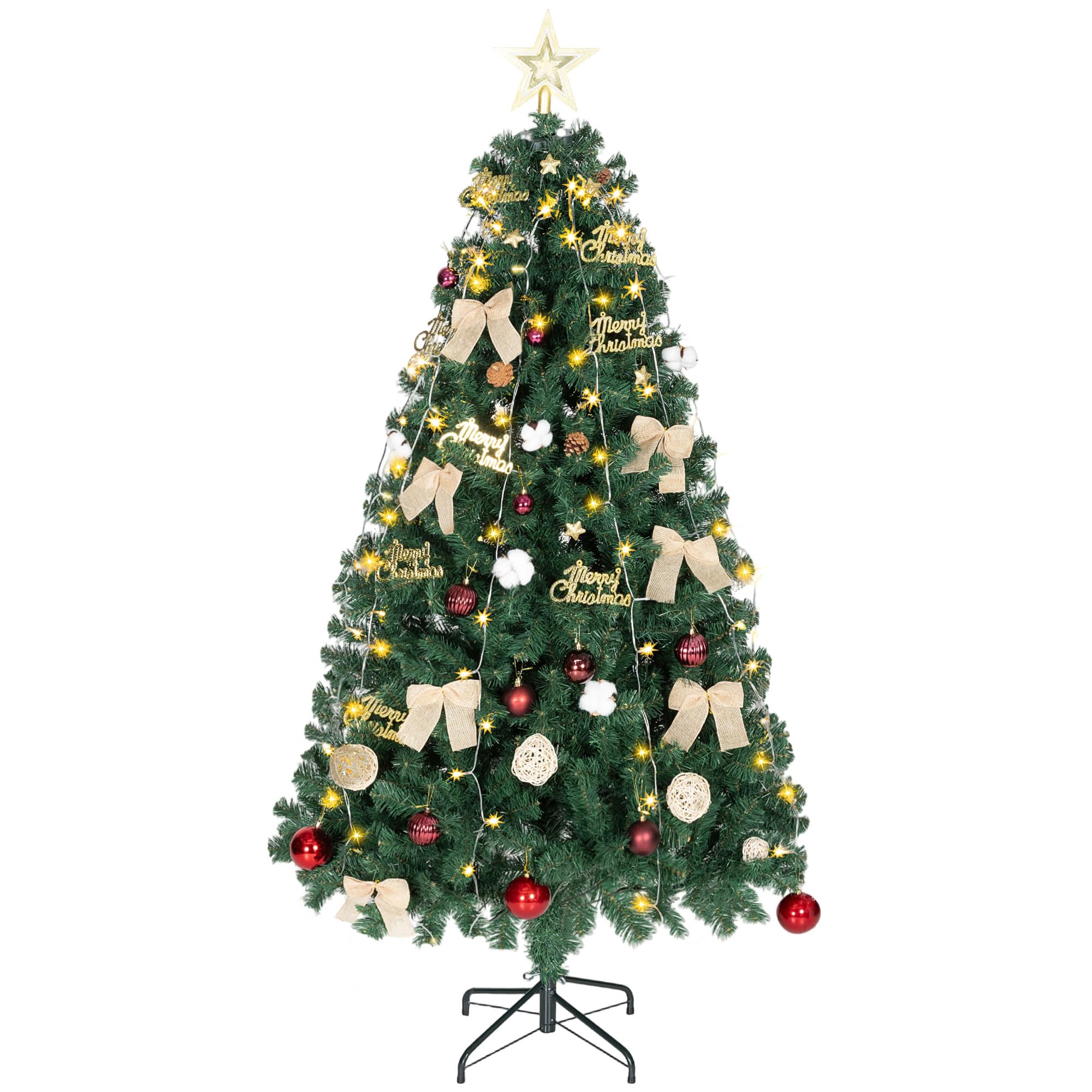 HOMCOM Árbol de Navidad Ø100x180 cm con Adornos y Estrella, 200 Luces LED, Árbol de Navidad Decorado con 8 Modos de Iluminación, 650 Ramas, Soporte de Acero, Decoración para Hogar, Fiesta, Interior