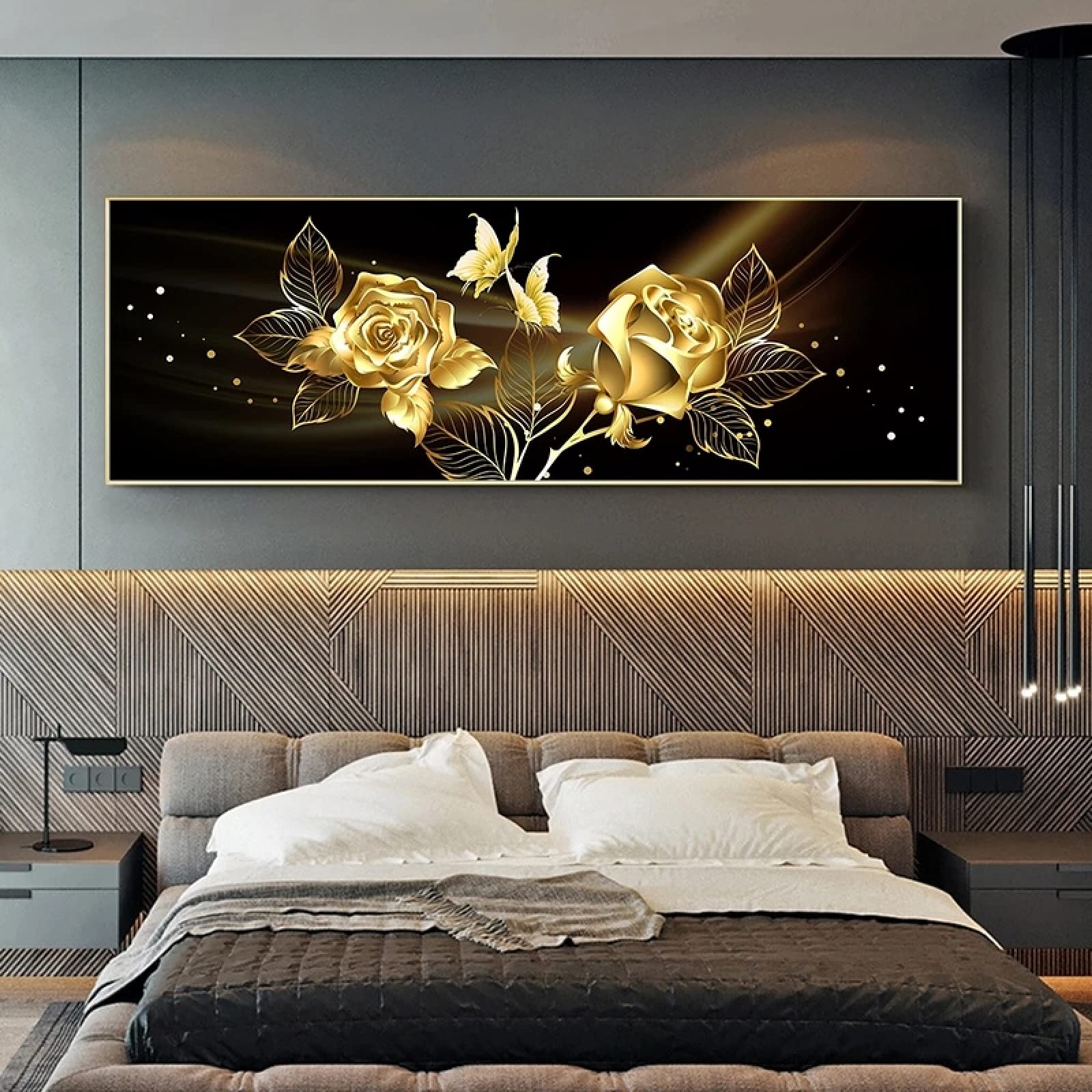 Rumlly Modern Abstract Painting on Canvas Posters and Prints Wall Art Painting Gold Flower Canvas Art Picture for Home Decoration 20x60cm Frameless