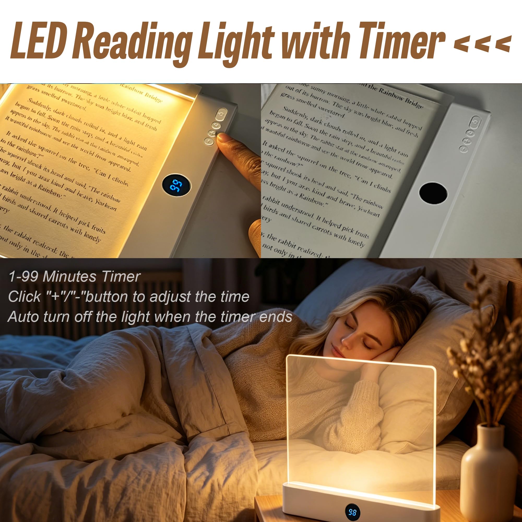 GJD Luz LED 2 en 1 para libro y luz nocturna, luz de lectura plana recargable con temporizador de 3 modos de color para leer en la cama