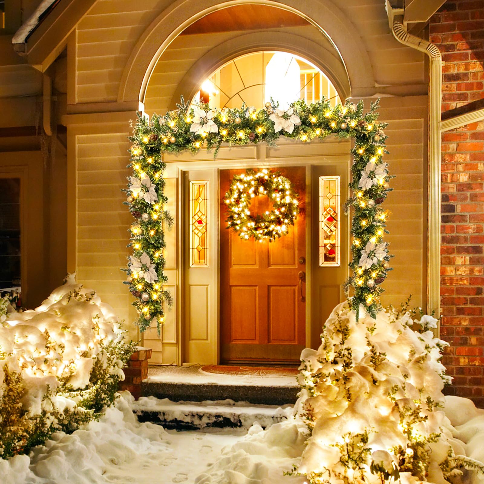 ENVEN Guirnalda de Navidad de 9 pies preiluminada con 50 luces LED, decoración artificial para escaleras, manto, puerta, guirnalda interior y exterior con temporizador que funciona con pilas (flor de