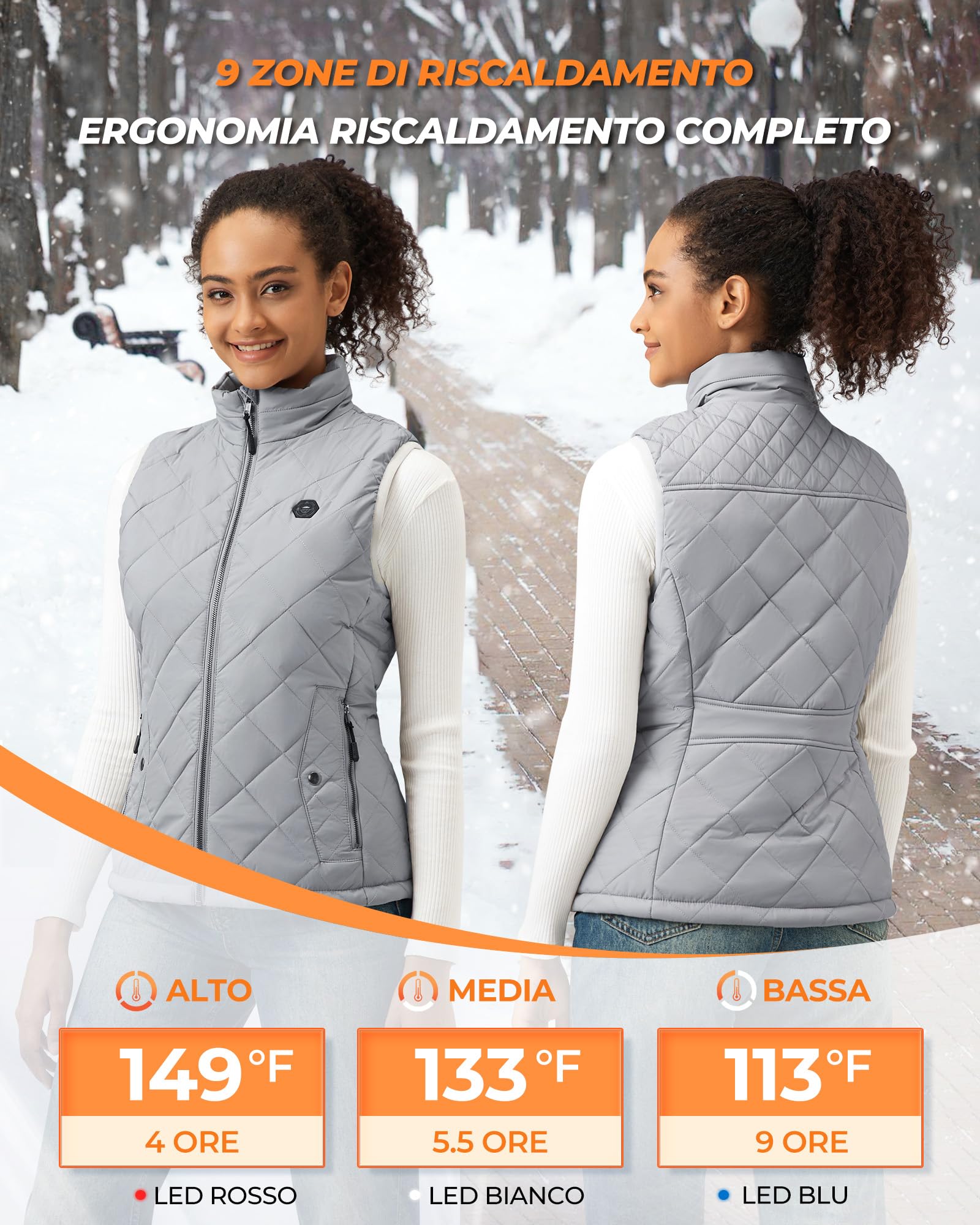 Gilet riscaldante da donna con power bank, 16000 mAh, 7,4 V, con 9 zone di riscaldamento e 3 temperature regolabili, gilet riscaldato per attività all'aperto, escursionismo, grigio, L