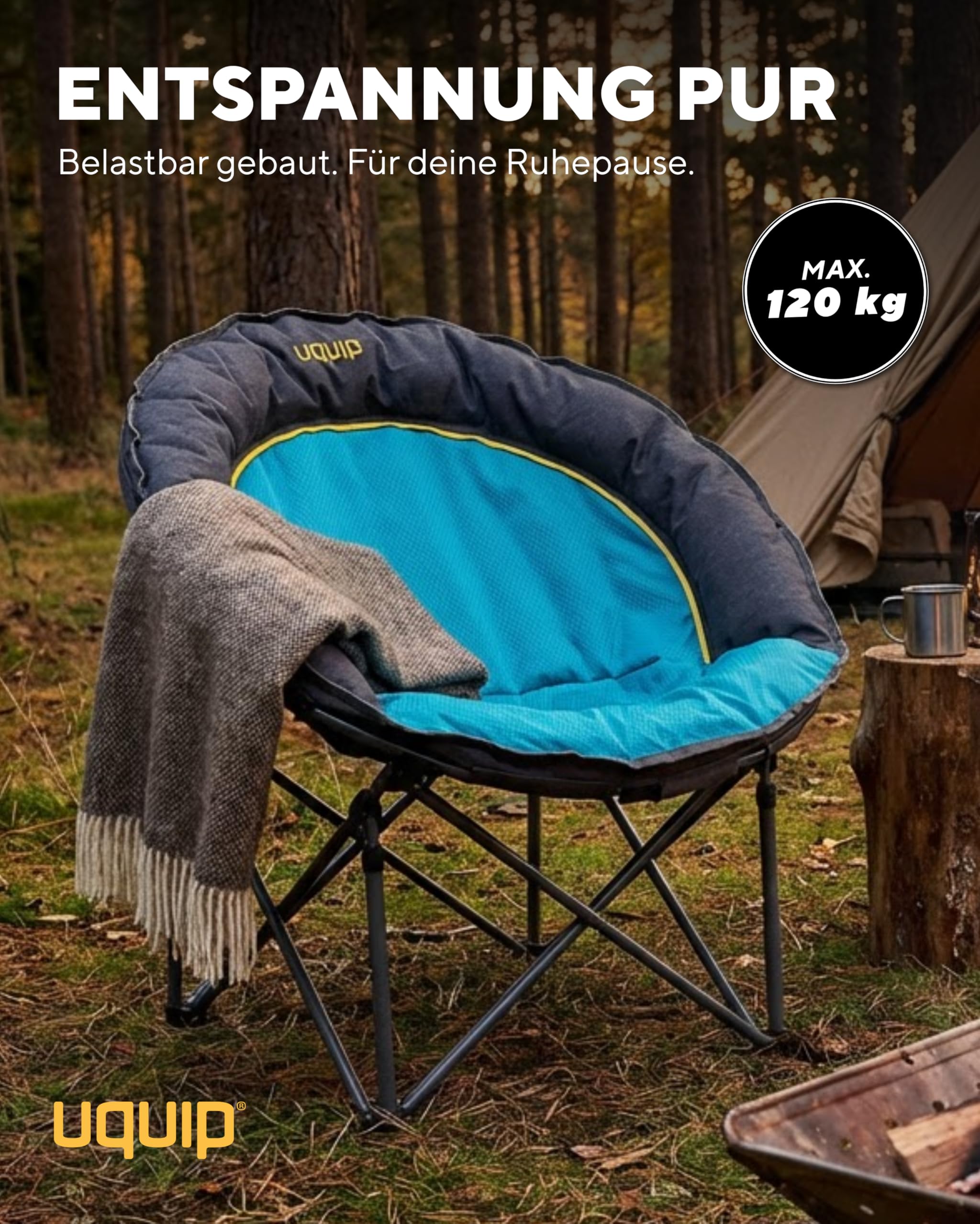 Uquip Cody Faltstuhl I Komfortabler Camping‑ & Outdoor‑Stuhl I Breite Sitzfläche & gepolsterter Rand I Robustes Stahlgestänge & Rip‑Stop Polyester I Breite Füße für sicheren Stand