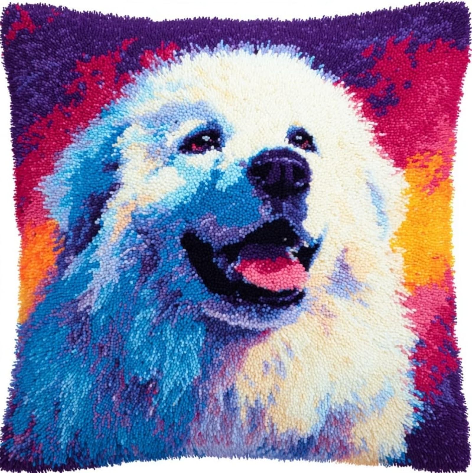 AxiangziK Latch Hook Cushion Kits for Beginners,Great Pyrenees Dog Pillow Cover Making Crochet Craft Kits 17x17in Pre Printed Canvas DIY Sofa Home Decor Women Gift