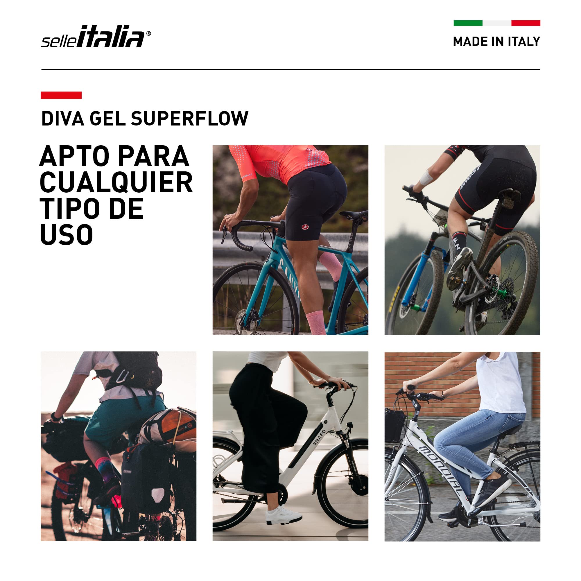 Selle Italia DIVA Gel Superflow - Sillín Bicicleta Mujer, Bicicleta Ciudad, Montaña, City Bike, Cómodo con Agujero Anatómico, Acolchado Gel Ligero - Talla L3, Blanco