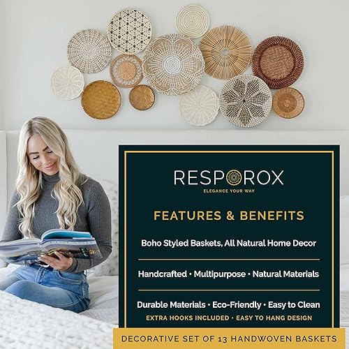 Miniatura 3 de RESPOROX ELEGANCE YOUR WAY Juego de 13 cestas tejidas colgantes para decoración de pared, cestas hechas a mano de bambú, ratán y pastos marinos