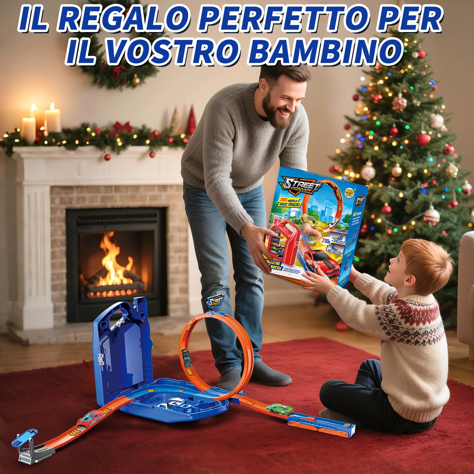Charmofun Pista Macchinine 2 in1, Giocattolo Piste da Corsa con 6 Auto, Scatola Immagazzinaggio, Piste Macchinine per Bambini con Anello e Binari a U, Portatile Pista per Bambini 3+ Anni (Blu)