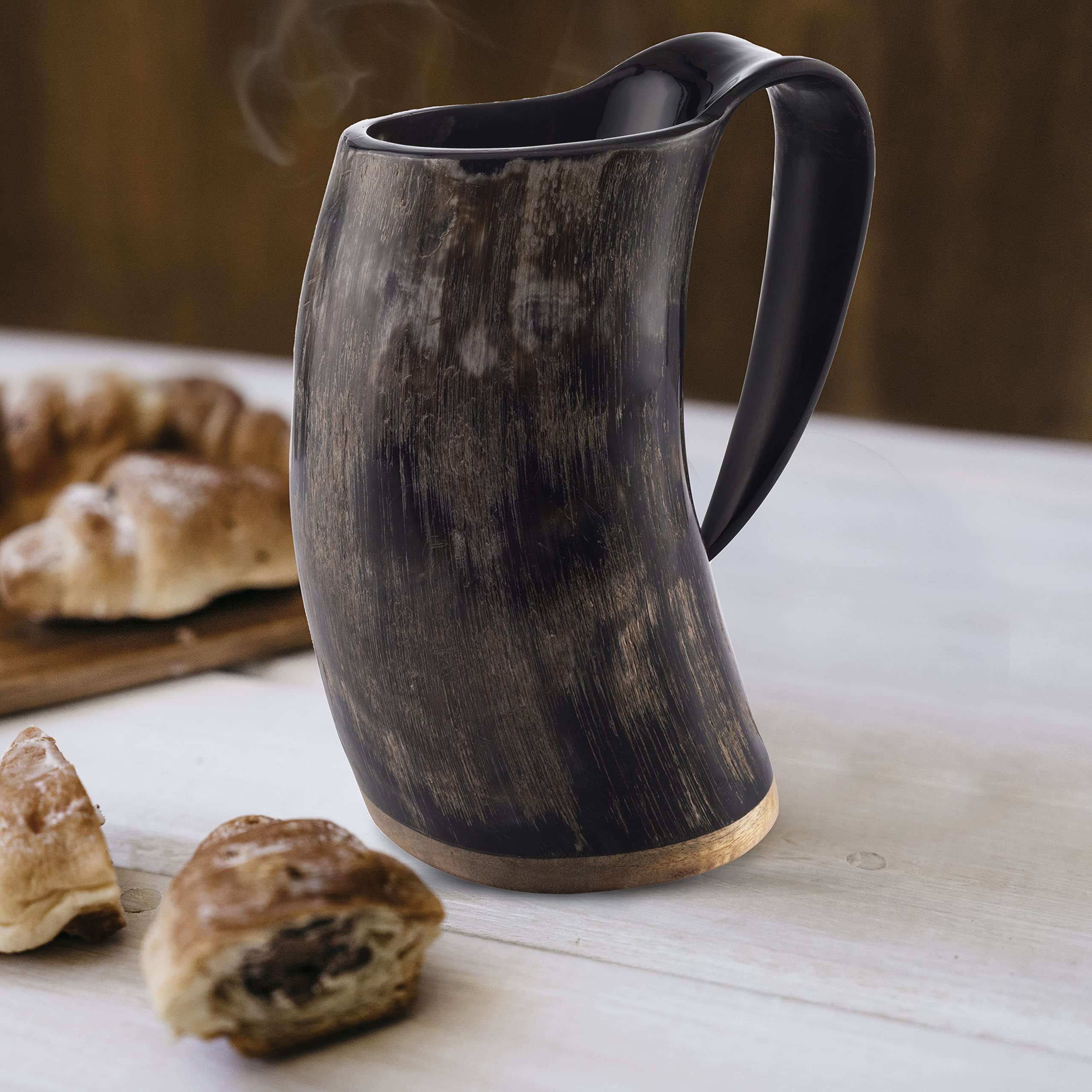 Fenrir, Hot and Cold Coffee Horn Mug with Spoon and Plate, 3 Piece Set, Real Horn (Coffee Color) Natural Organic Shine - Image 2