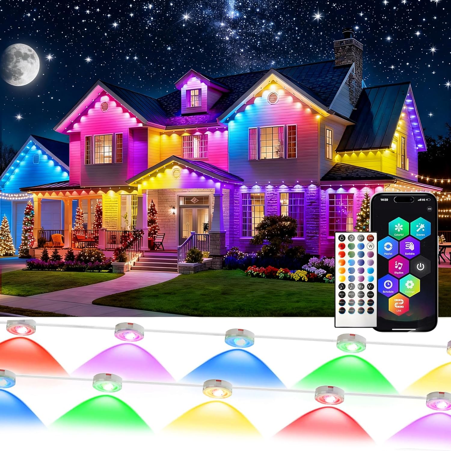 500FT Permanent Outdoor Lights RGB+IC IP67 Waterproof Smart Eave Lighting,with App Control Eaves Light,DIY LED 120 Scenes Modes for Home,Halloween, Christmas,Party,Holiday(250ftx2pack)