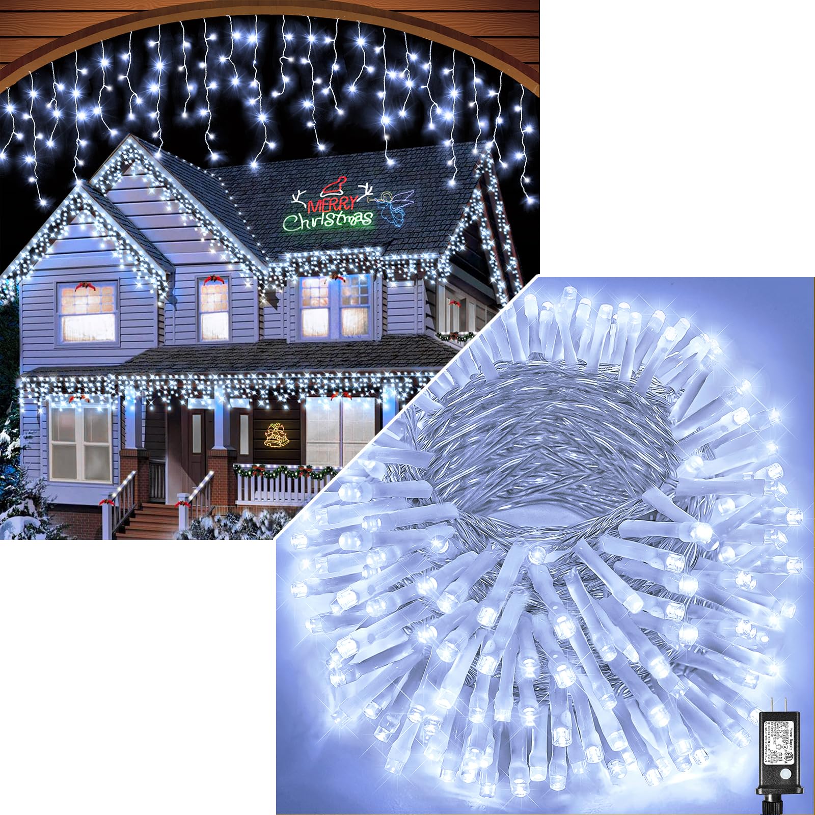 Vivideal99 FT 300 LED String Lights & 66 FT 640 LED Icicle Lights Outdoor, Cold White