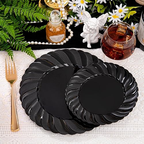 Miniatura 8 de U-QE 100 platos de plástico negro, platos desechables negros resistentes, que incluyen 50 platos llanos de 9 pulgadas y 50 platos de postre de 6.5