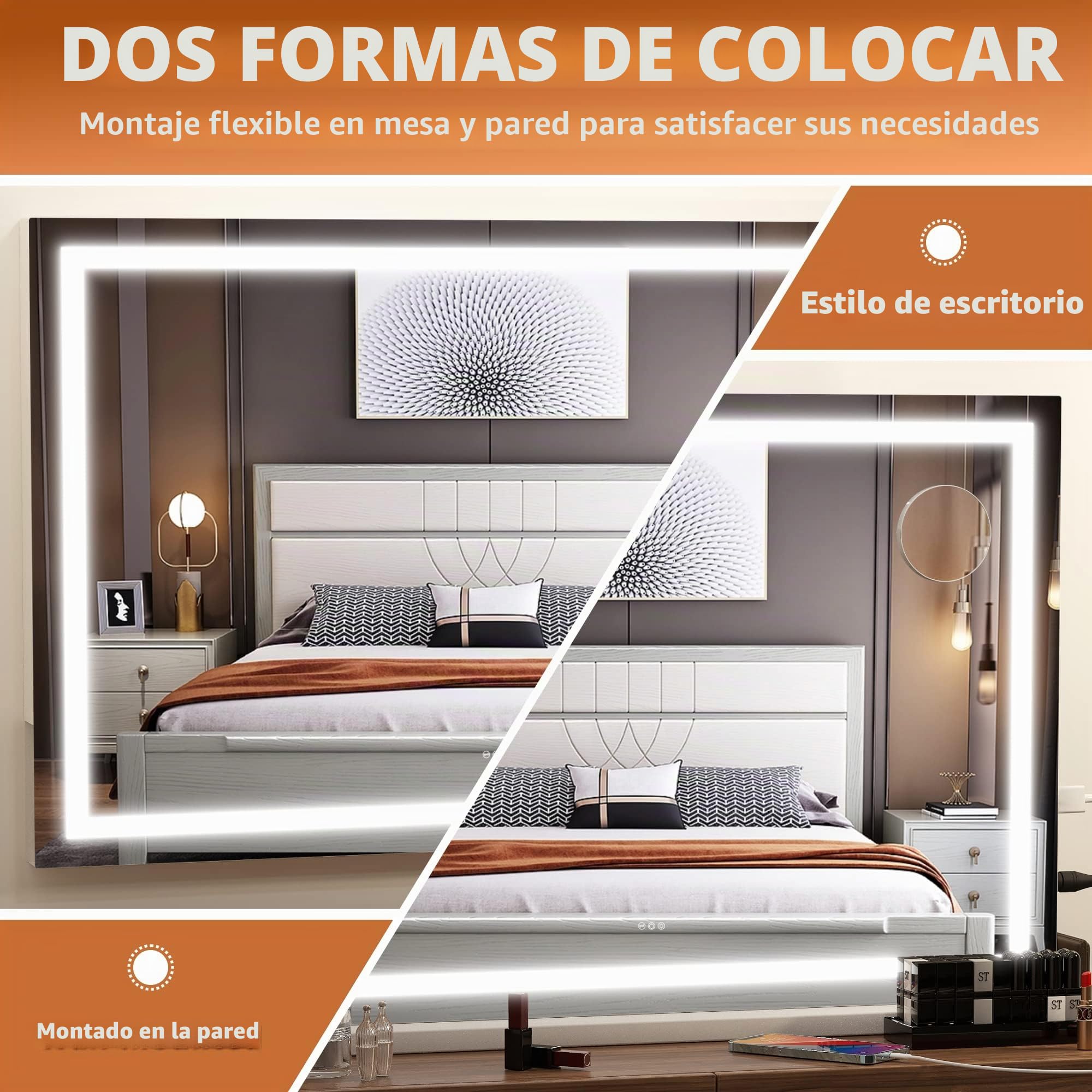 Hasipu Espejo de Maquillaje de Sobremesa 58x46cm con Luz LED, 3 Modos de Luz Regulables, Lupa Desmontable 10X Aumento, Puerto de Carga USB, Control Táctil, Espejo Cosmético para Dormitorio