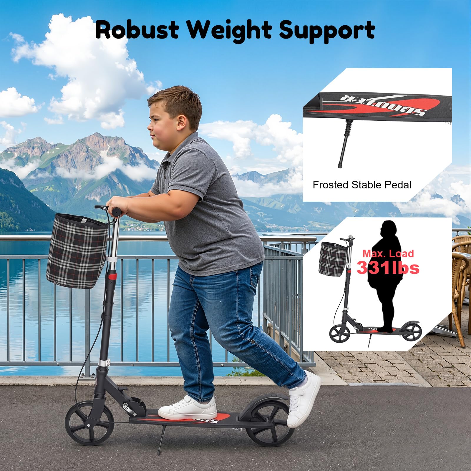 Patinete de ciudad plegable con cesta de almacenamiento y soporte de seguridad, patinete portátil plegable para desplazamientos, compras, capacidad de carga de hasta 150 kg