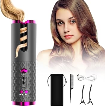 Automatic Curling Iron, Hair Curling Iron for Hair Styling, Cordless Auto Hair Curler, with 6 Temps and Timers, Auto Shut-Off, Fast Heating, Rechargeable Cordless Hair Curler 1 Gray