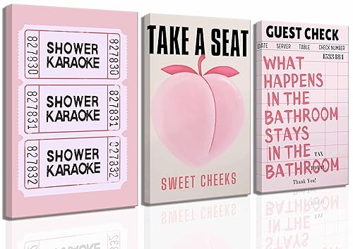 3Pcs Funny Pink Trendy Bathroom Canvas Wall art Retro Funky