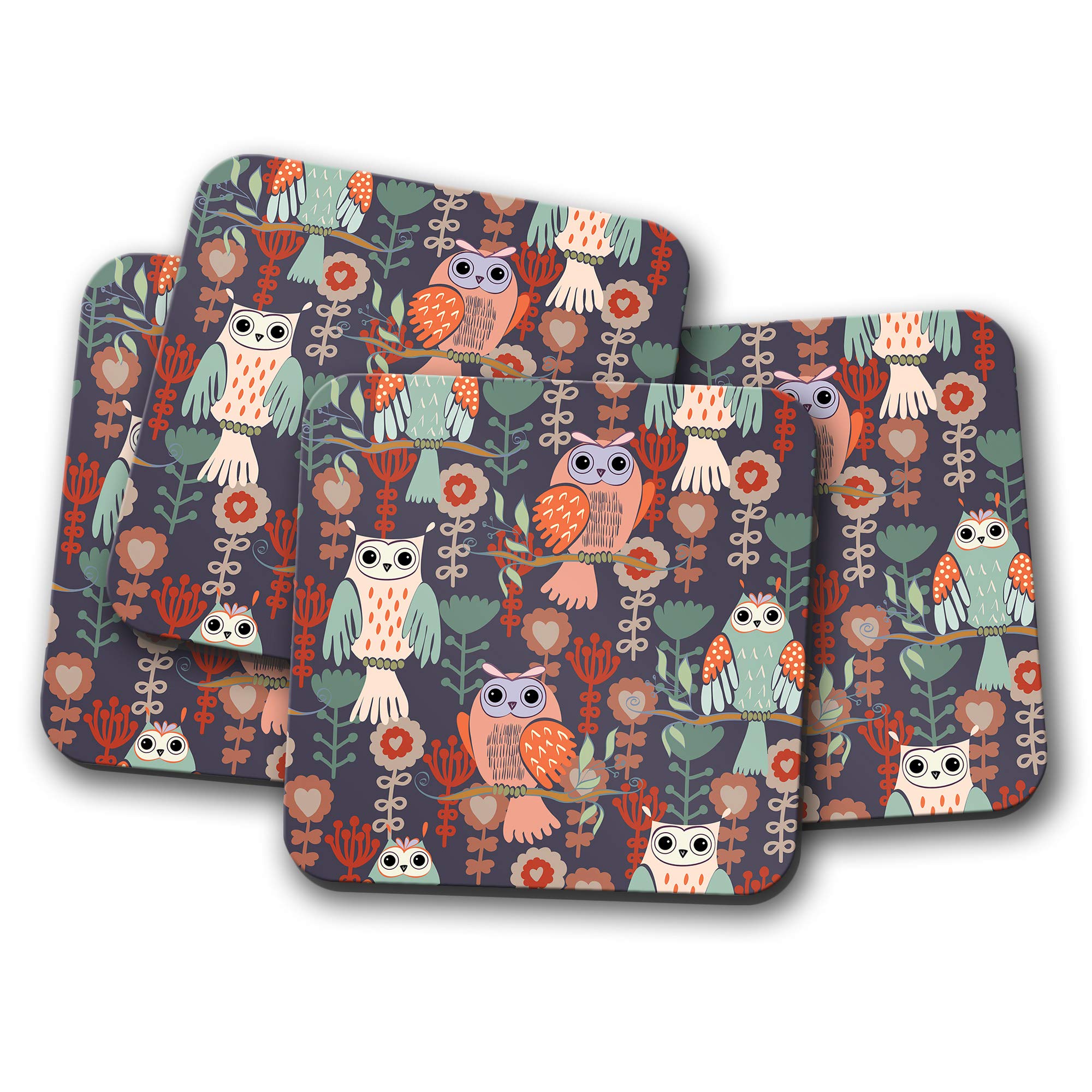 Destinationvinyl Multicolor 4 Set - Pretty Owls Coaster - Owl Bird Wise Mum Sister Cute Fun #8731